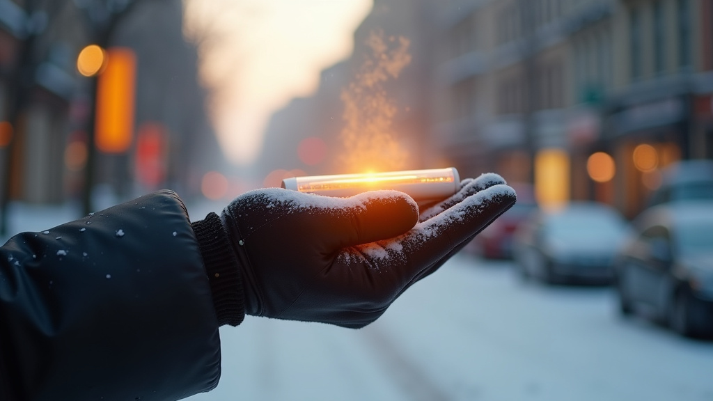 Personne utilisant un chauffe-mains lors d'une randonnée hivernale