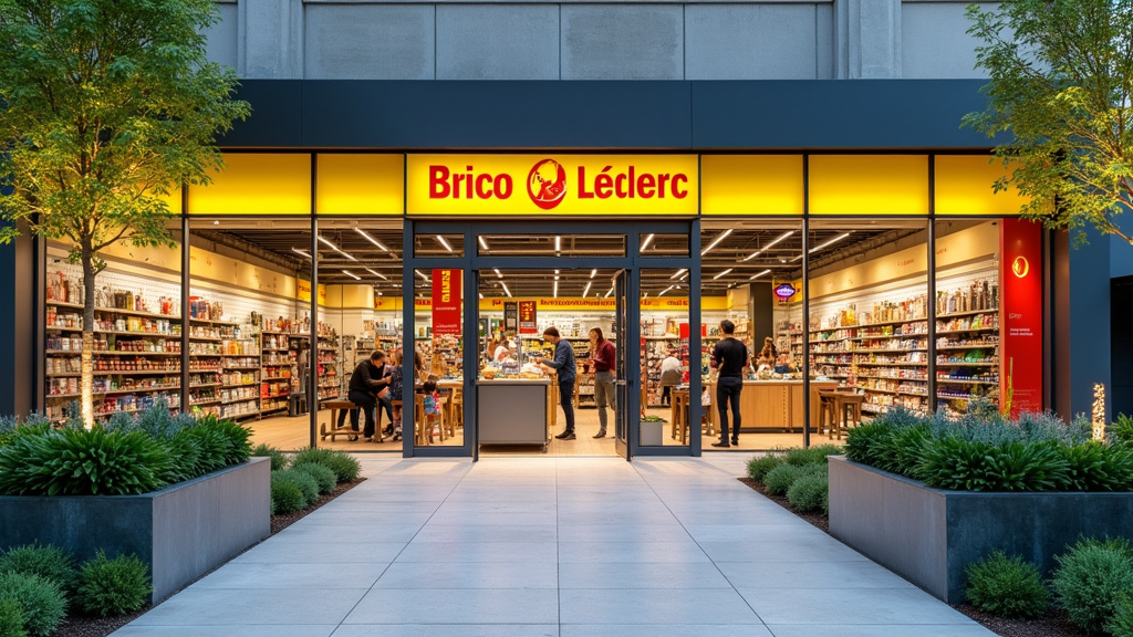 Façade d'un magasin Brico Leclerc avec clients et produits de bricolage