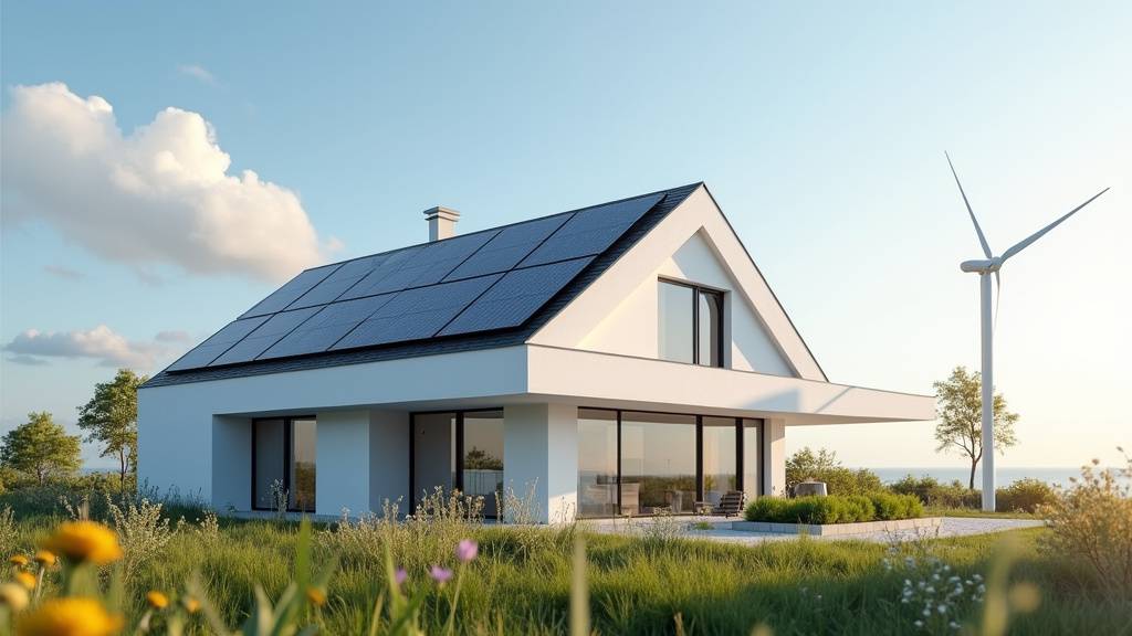 Panneaux solaires installes sur le toit d'une maison moderne avec jardin