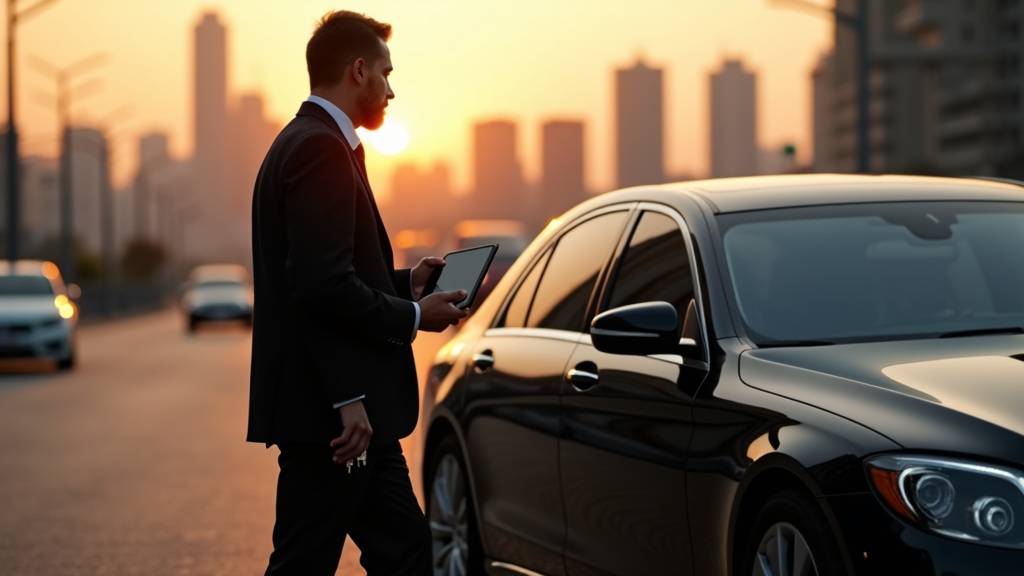 Chauffeur de maître en tenue professionnelle devant une voiture de luxe
