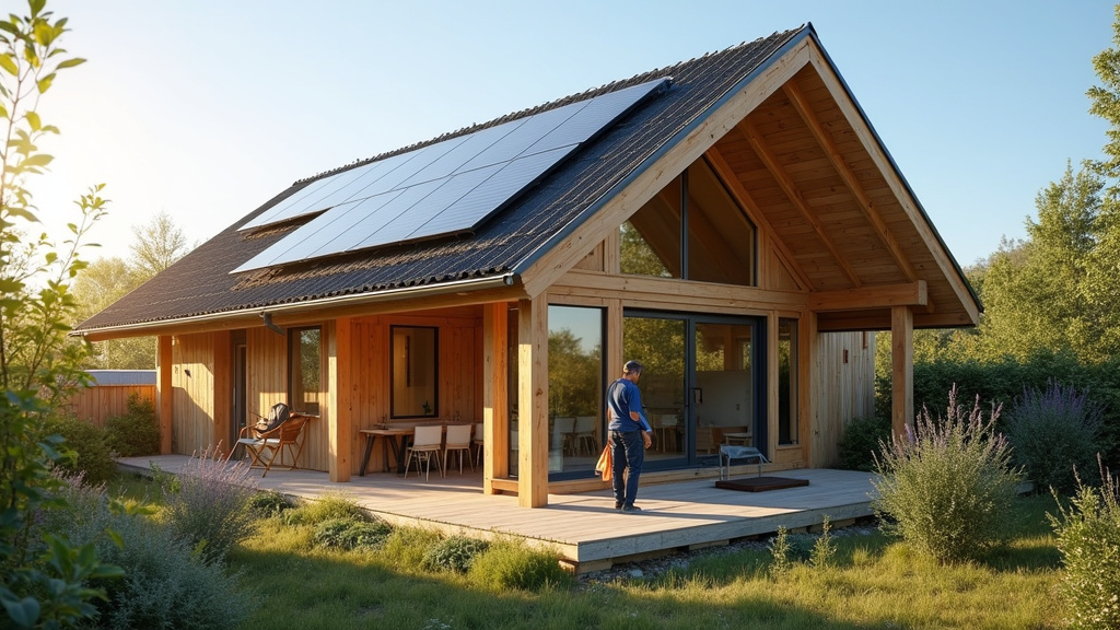 Illustration d'une maison rénovée de manière durable avec isolation et panneaux solaires