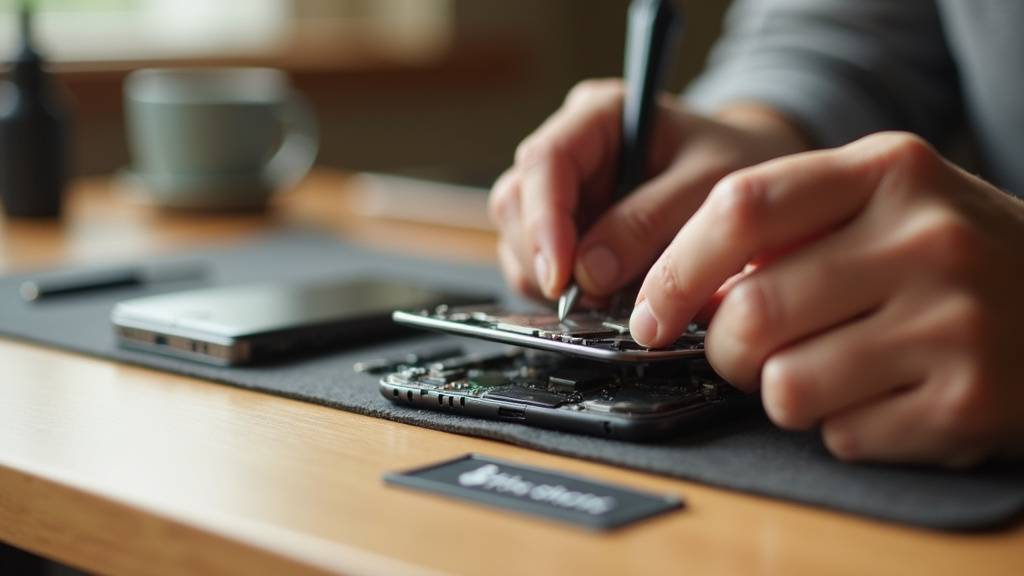 Personne réparant un smartphone avec des outils spécialisés