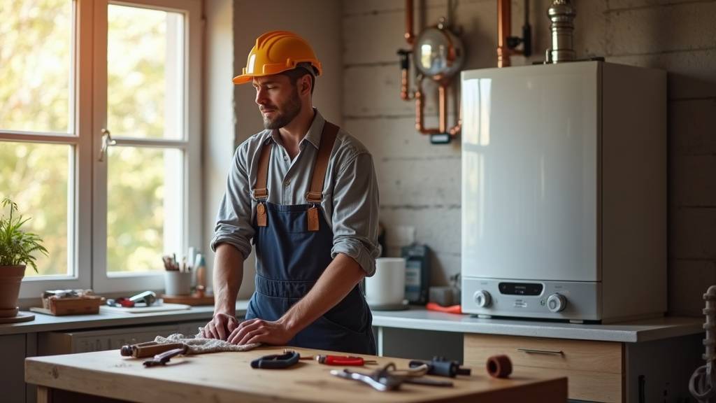 Plombier chauffagiste salarié discutant avec un client et plombier indépendant travaillant seul