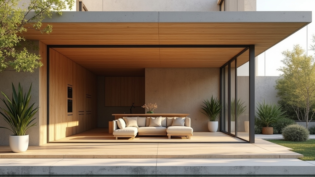 Intérieur d'une véranda avec mur plein aménagée en salle à manger avec mobilier contemporain