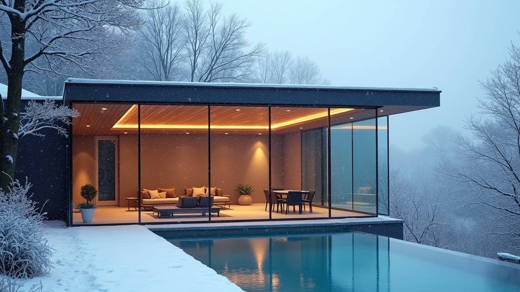 Intérieur d'une véranda de piscine spacieuse et lumineuse avec mobilier de jardin